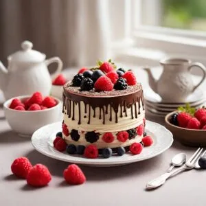 Bolo de Chocolate com Brigadeiro Branco e Frutas Vermelhas
