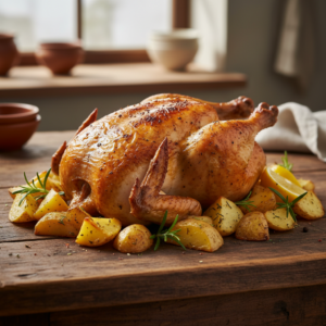 Frango Assado Inteiro com Batatas Rústicas: Sabor de Casa no Forno