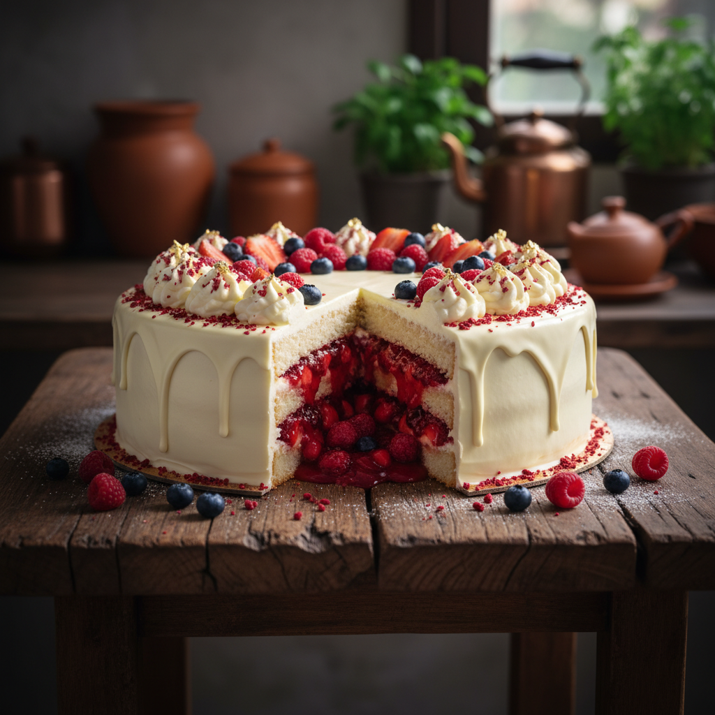Bolo de Chocolate Branco com Recheio de Frutas Vermelhas: Um Luxo Cremoso