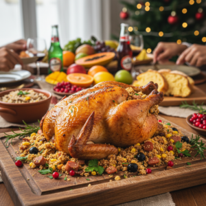 Receita de Frango Assado Inteiro Recheado com Farofa Úmida Natalina
