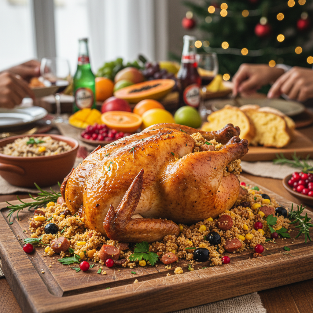 Receita de Frango Assado Inteiro Recheado com Farofa Úmida Natalina
