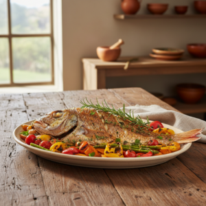Peixe Assado Inteiro no Forno com Legumes e Ervas Frescas