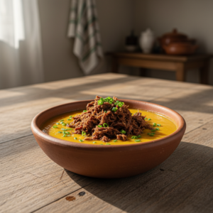 Sopa Creme de Abóbora com Carne Seca Desfiada no Liquidificador