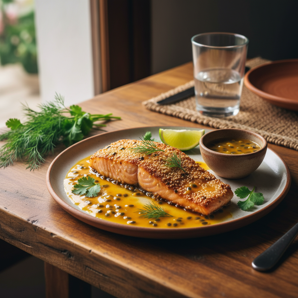 Salmão Grelhado com Crosta de Gergelim e Molho de Maracujá Agridoce
