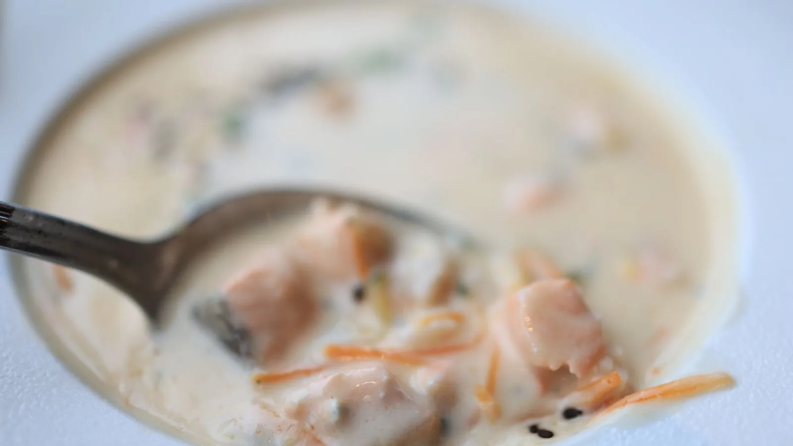 Close-up of creamy salmon soup with vegetables, showcasing a delicious and healthy meal.