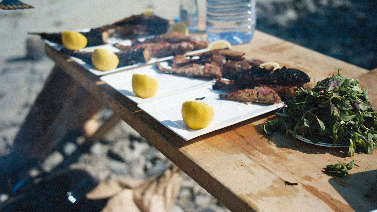 Outdoor table with grilled fish, lemon slices, and salad, perfect for a summer meal.